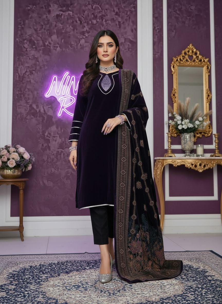 Umsha Purple Velvet  Ready to Wear 3 Pcs Dress with Velvet Shawl