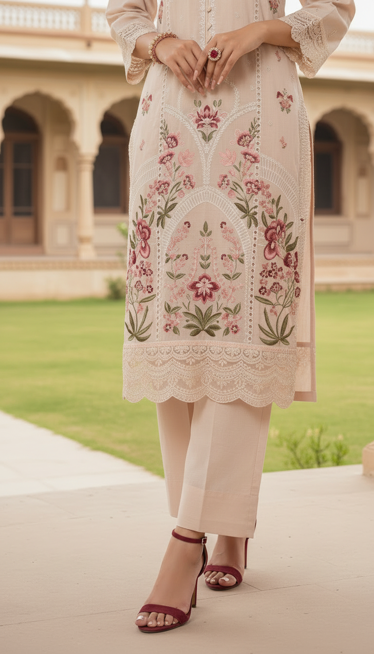 Tehzeeb pink Ready to Wear 3 Pcs Chikankari Dress