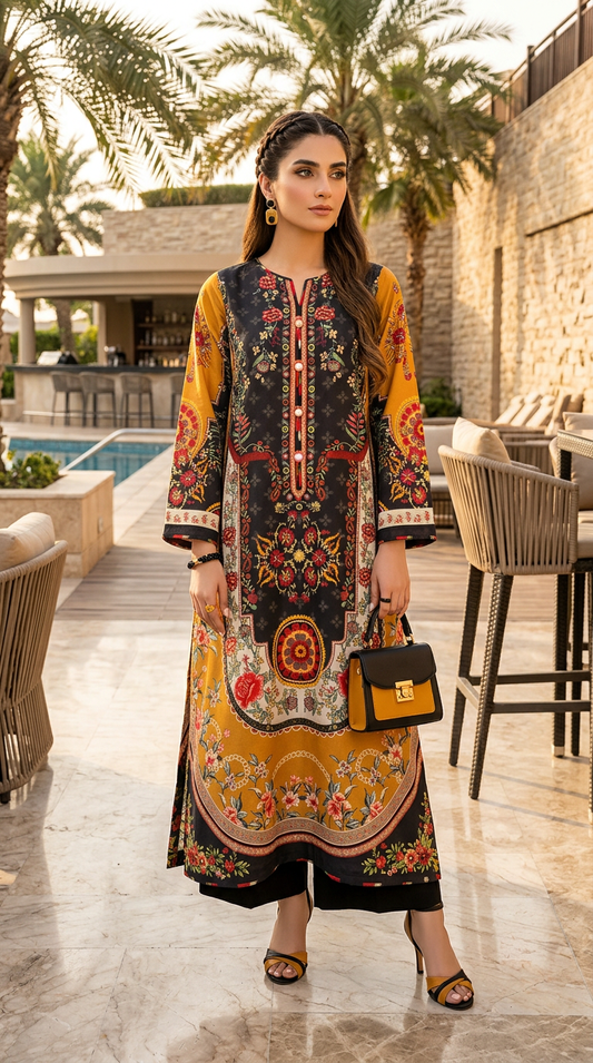 Black Mustard Ready to Wear 2 Pcs Kaftan