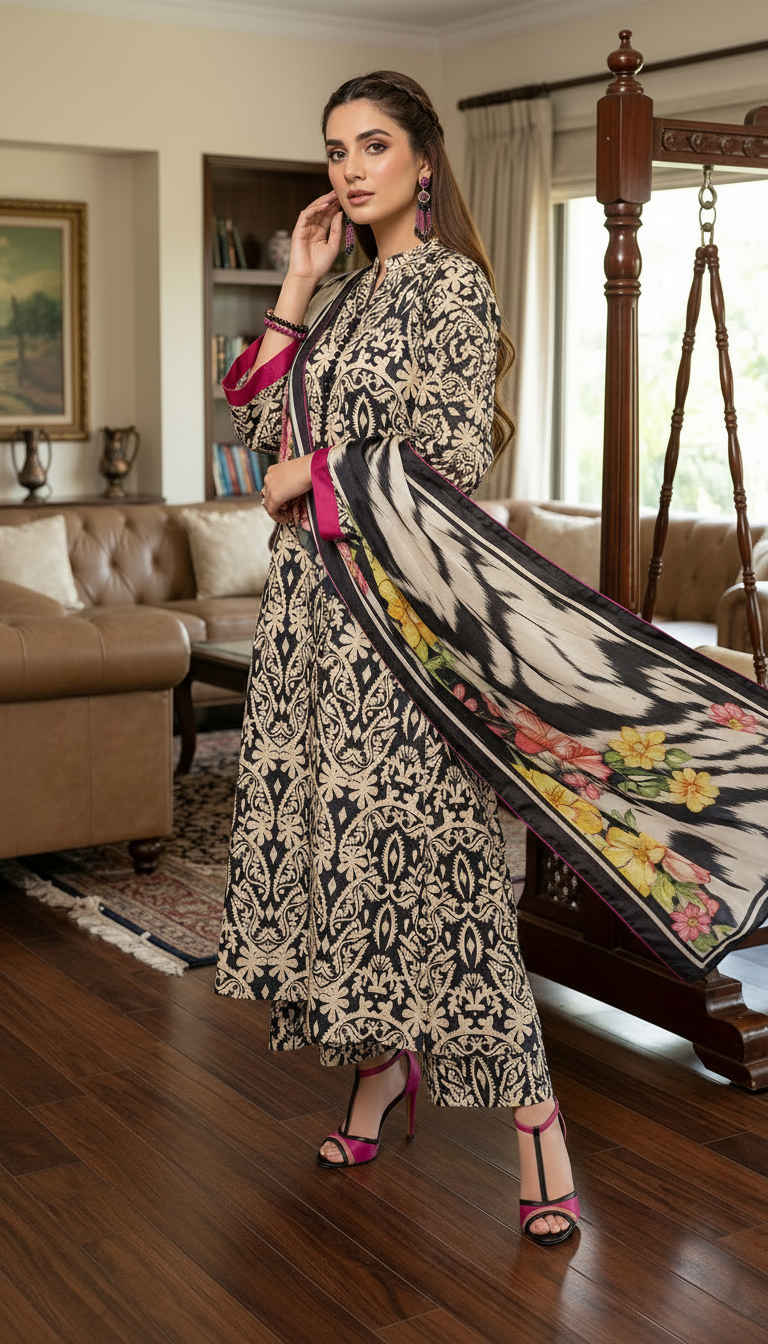 Mateer Navy Classic Ready to Wear 3 Pcs Dress with Silk dopatta
