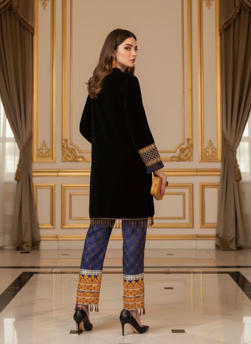 Kamyar Black Velvet 2 Pcs Dress with fully Embroidered Trouser