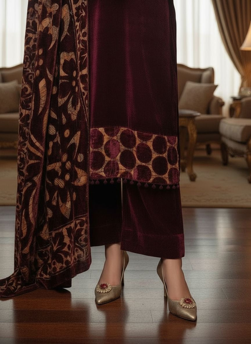 Aroosa Maroon Velvet Ready to Wear 3 Pcs Dress