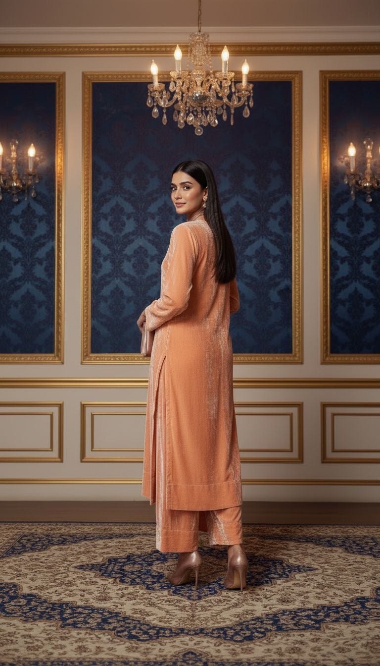 Rehar Peach French Velvet Ready to Wear 3 Pcs Dress