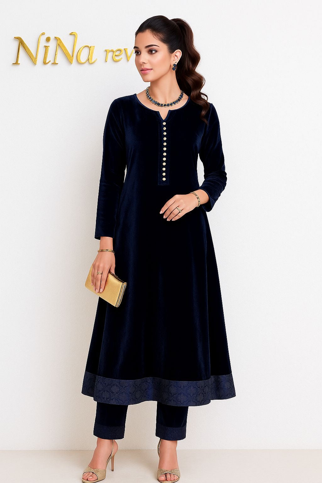 Regal Blue Velvet 2 Pcs Dress hi