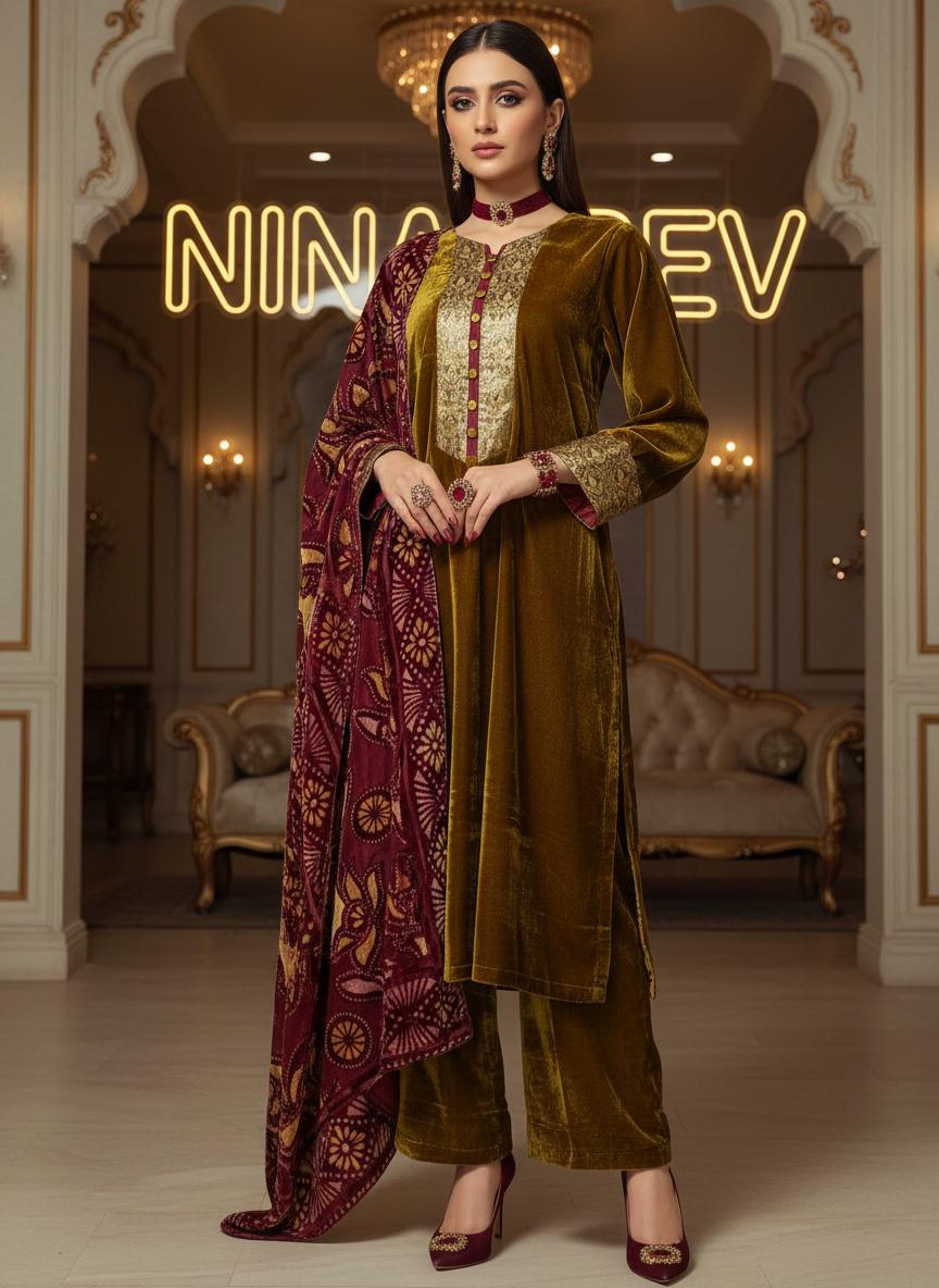 Chamki Velvet Ready to Wear 3 Pcs Dress with Palachi Shawl