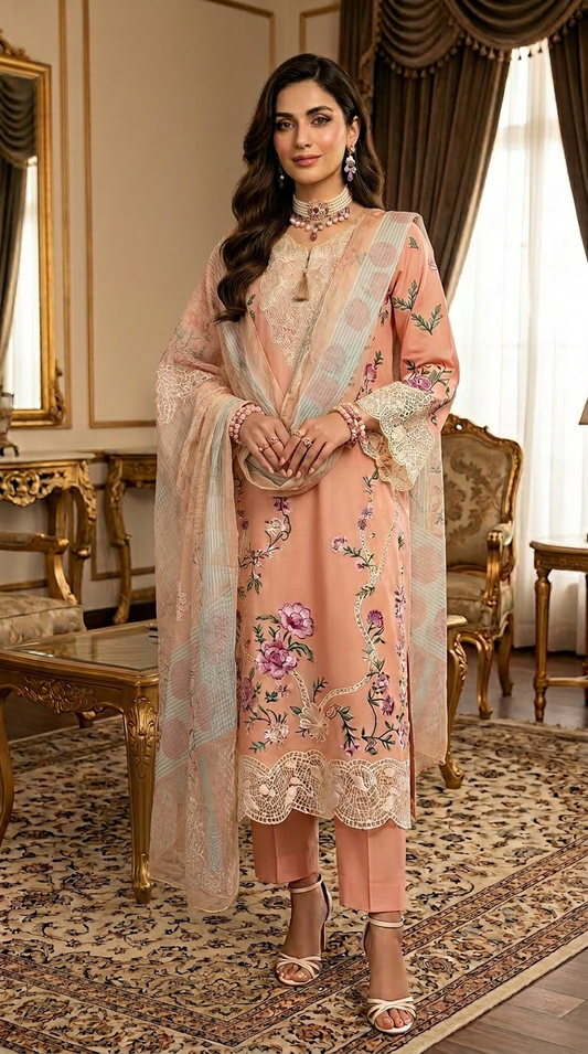 Blush Rose Ready to Wear 3 Pcs Embroidered Dress