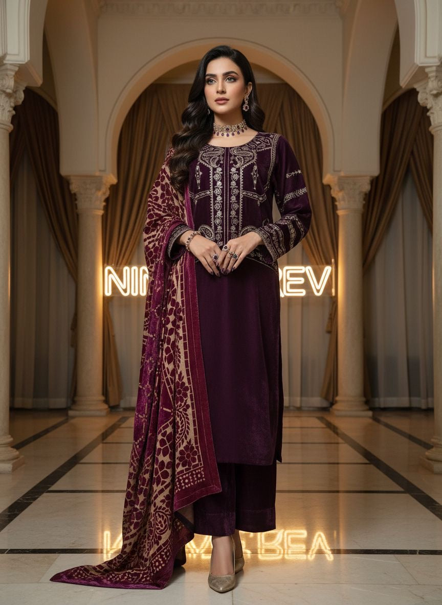Mumtaz Velvet Embroidered 3 Pcs Dress with Palachi Shawl