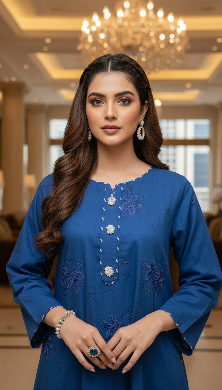 Zimir Royal Blue Chikankari Ready to Wear 2 Pcs Dress