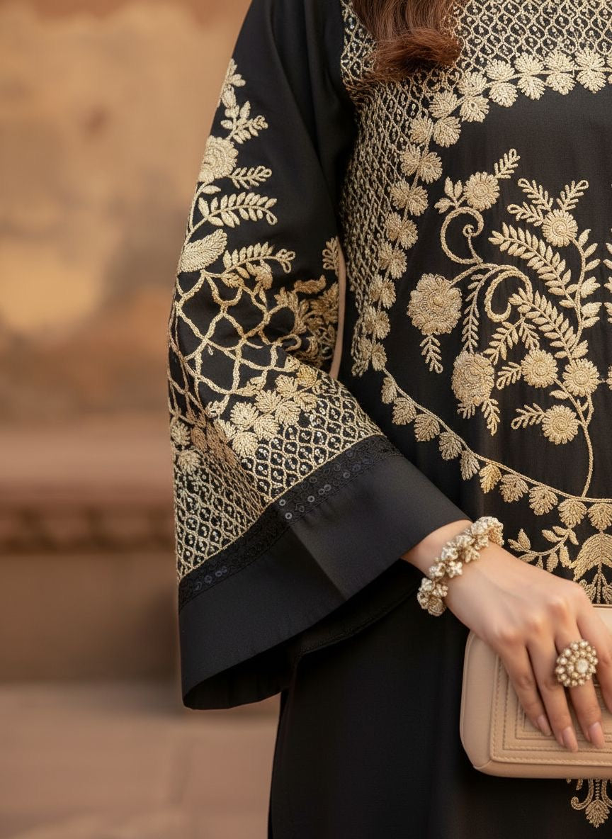 Merab Black Ready to Wear 2 Pcs Embroidered Dress