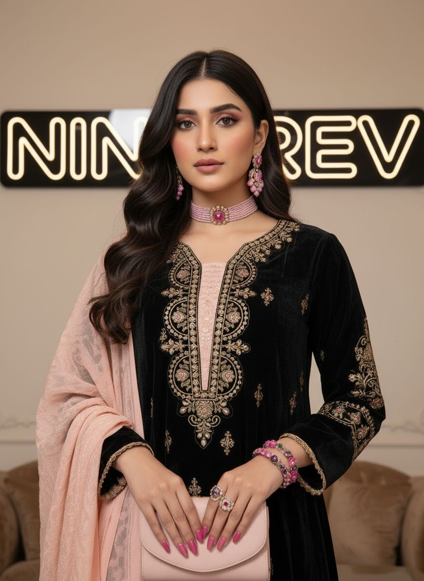 Qalamkar 3 Pcs Ready to Wear Velvet Dress with Palachi Shawl