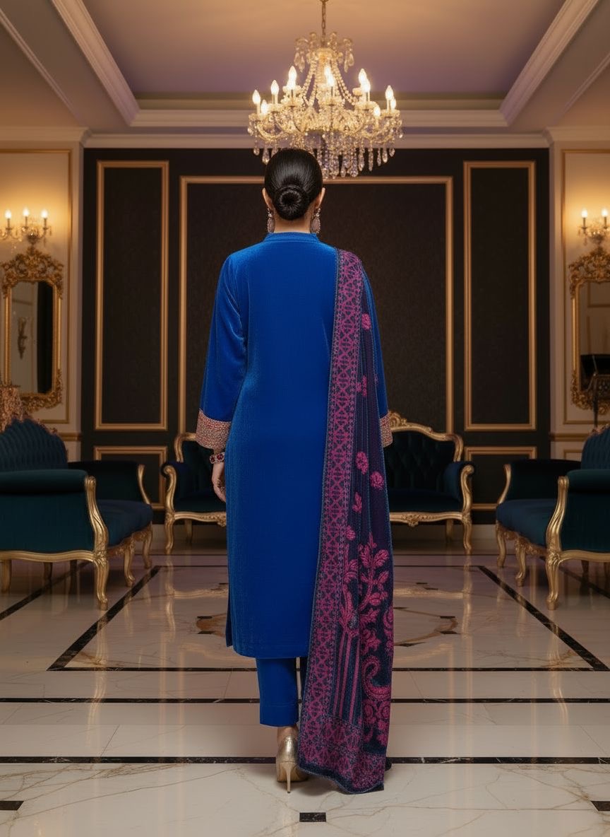 Royal Blue Embroidered Velvet 3 Pcs Dress with Palachi Shawl