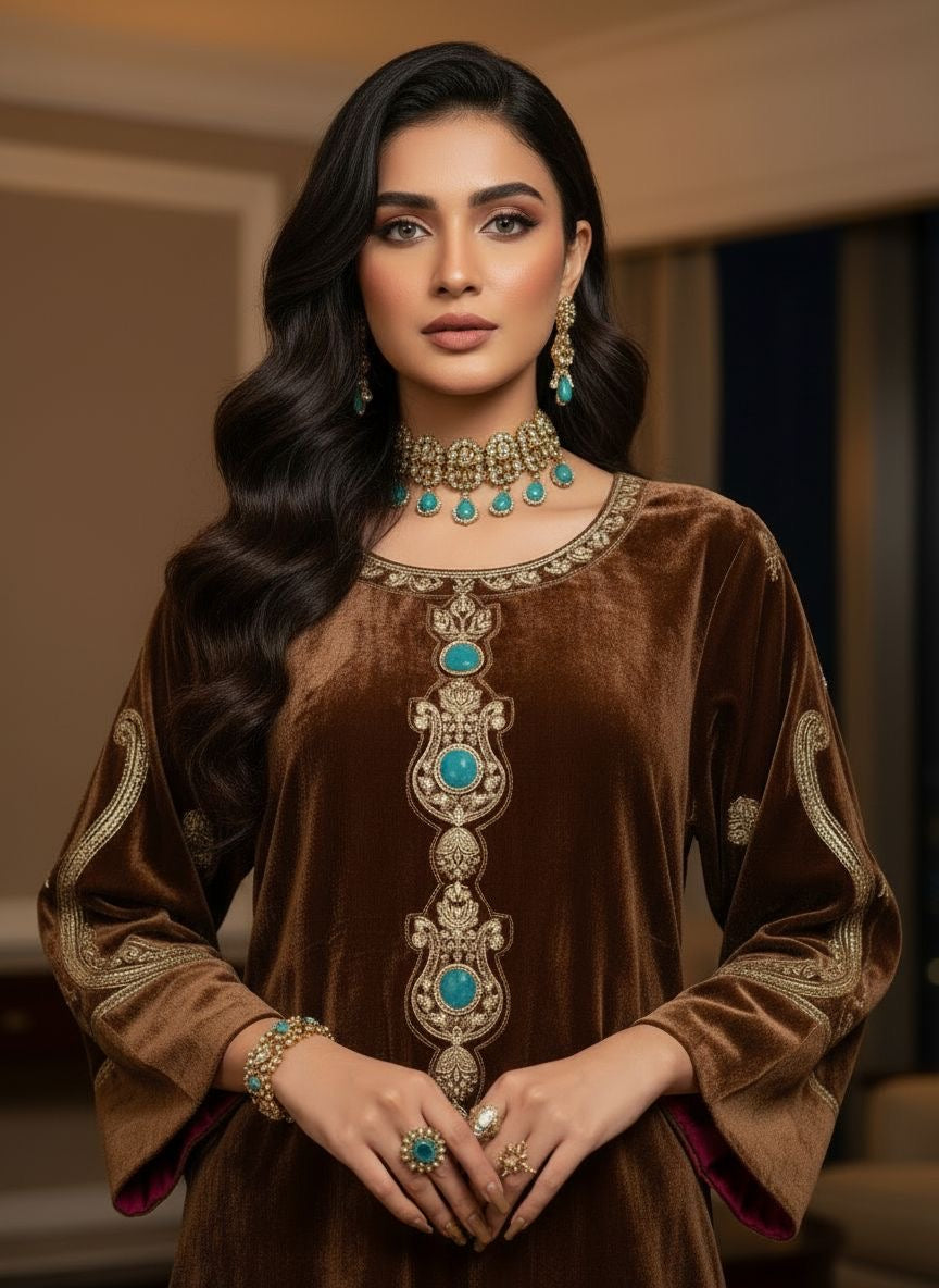 Nurbano Brown Velvet Embroidered 2 Pcs Dress