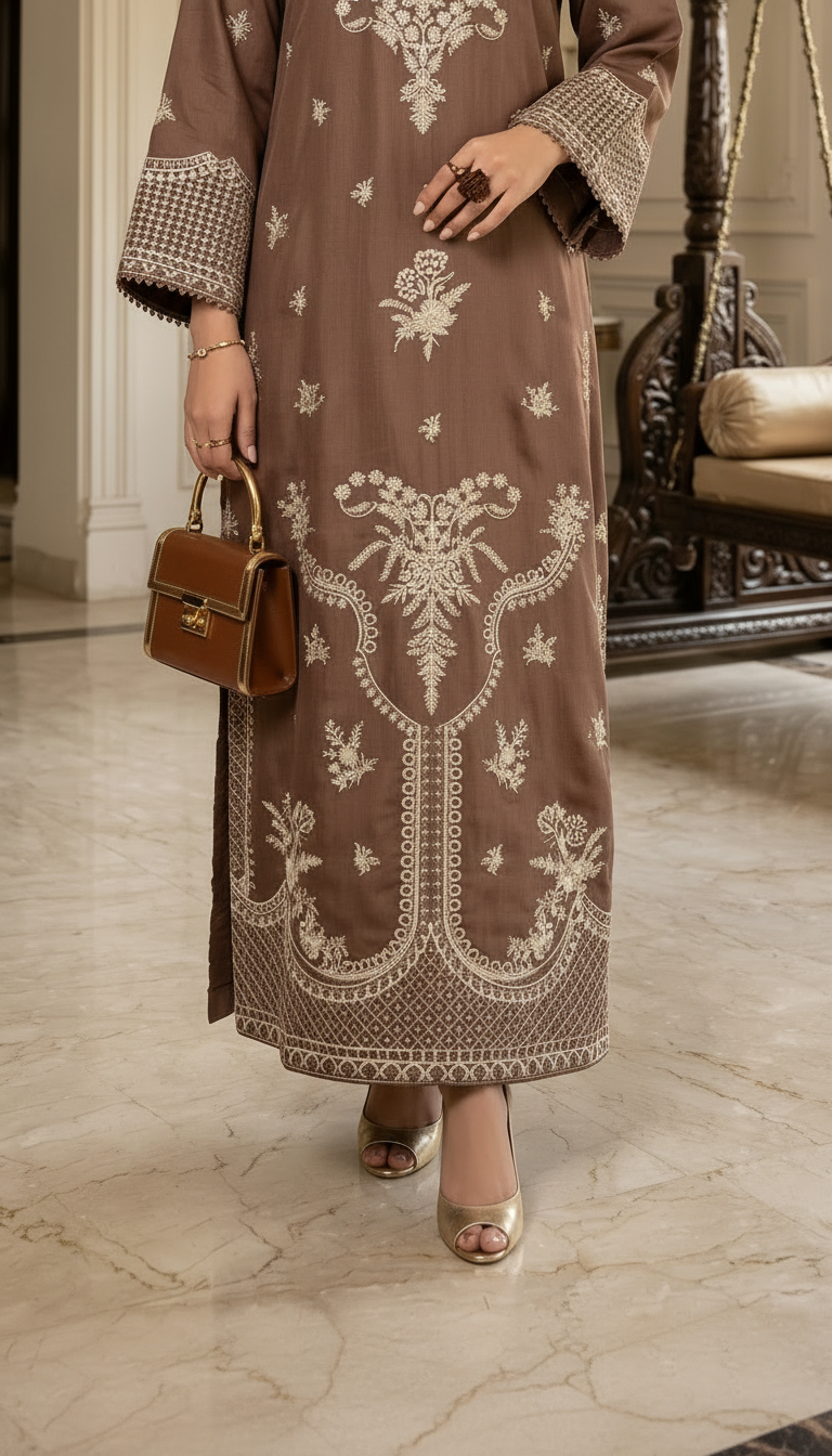 Nisa Dusty Pink Fully Embroidered 2 Pcs Viscose Kaftan