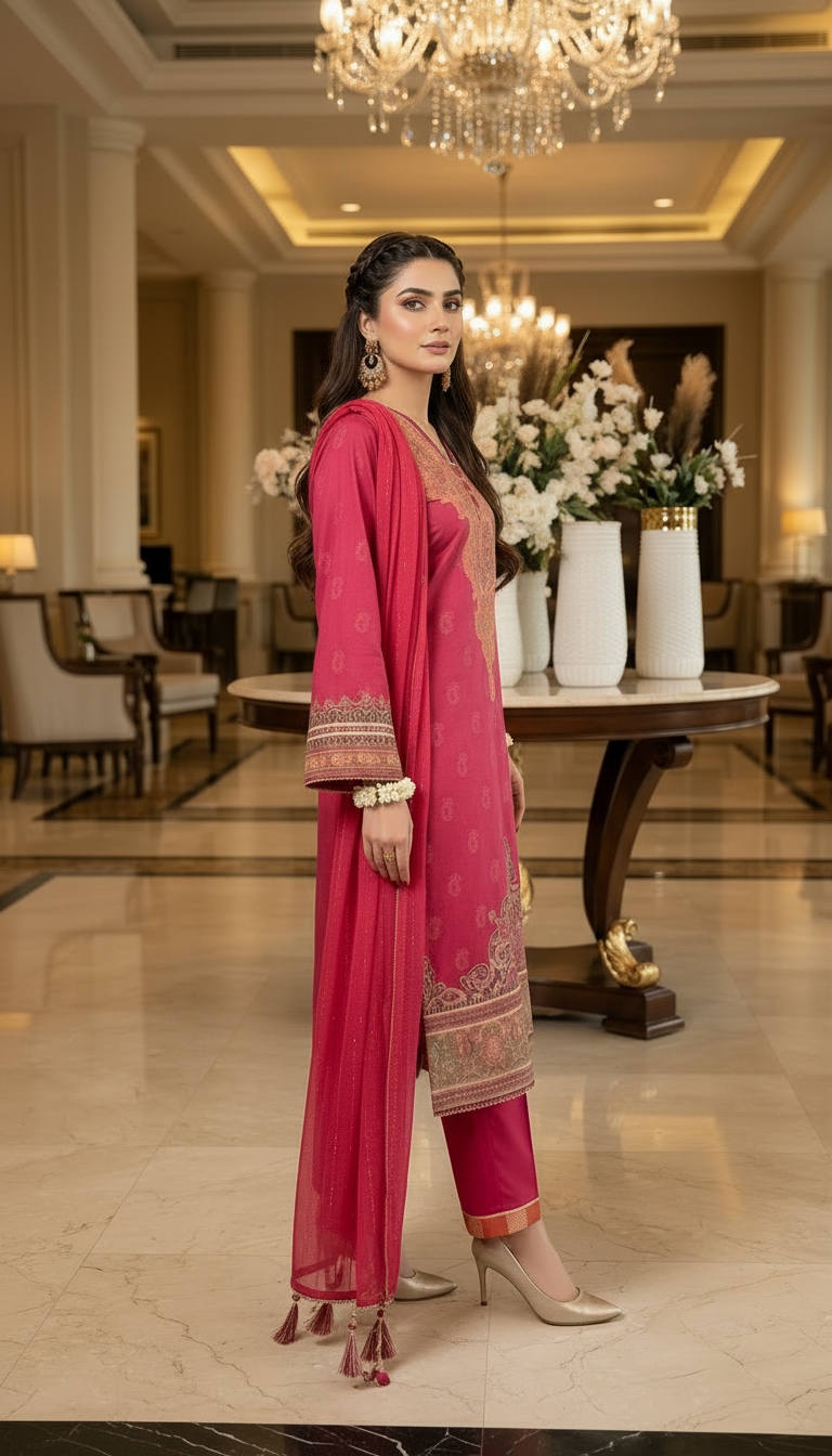 Resham Tussar Silk Ready to Wear 3 Pcs Dress