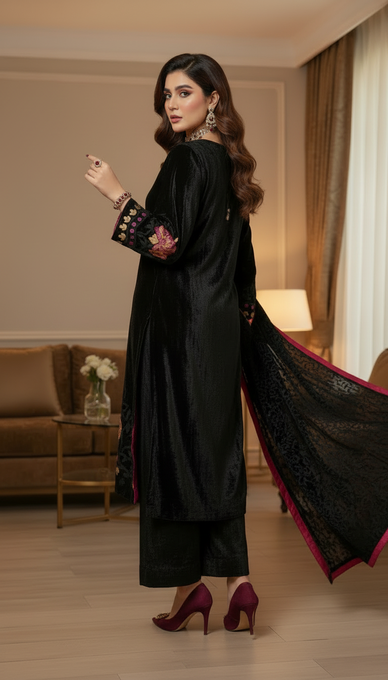 Lilly Black French Velvet 3 Pcs Dress with Velvet Shawl