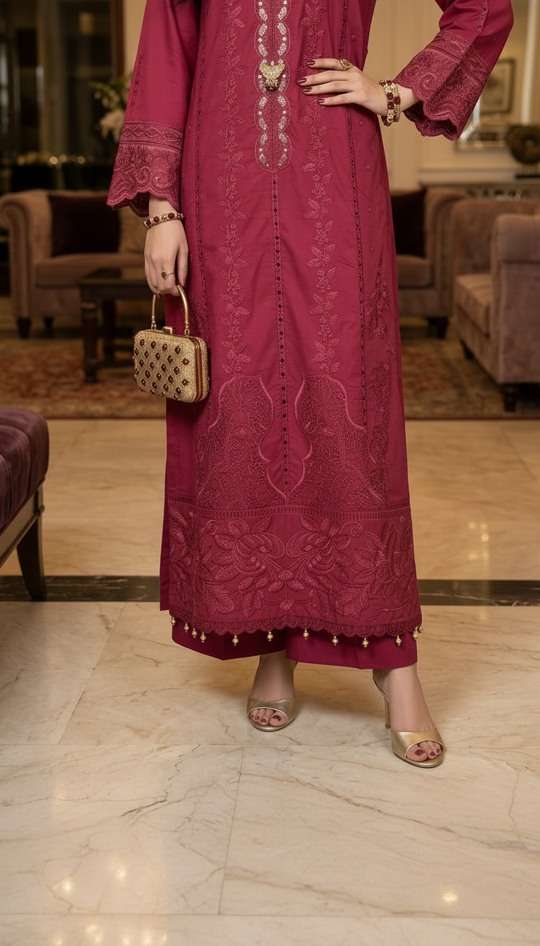 Jenia Pink Fully Embroidered 2 Pcs Kaftan Dress