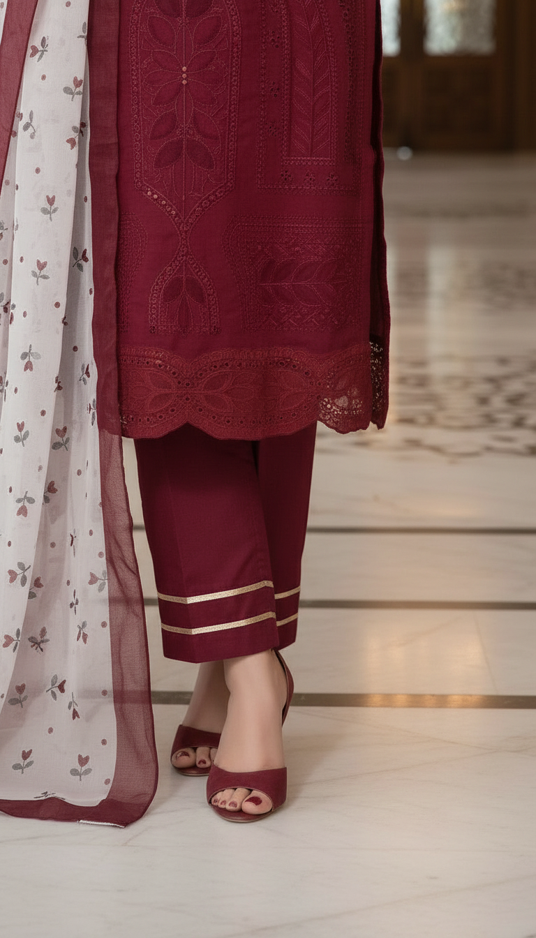 Ulfat Maroon Fully Chikankari Embroidered 3 Pcs Dress with Silk Dopatta
