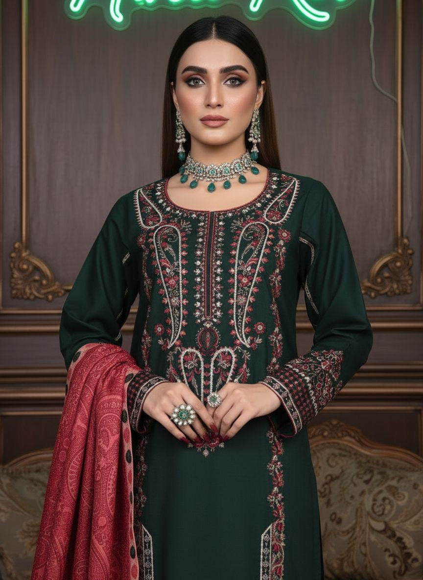 Green Classic Marina Ready to Wear 3 Pcs Embroidered Dress