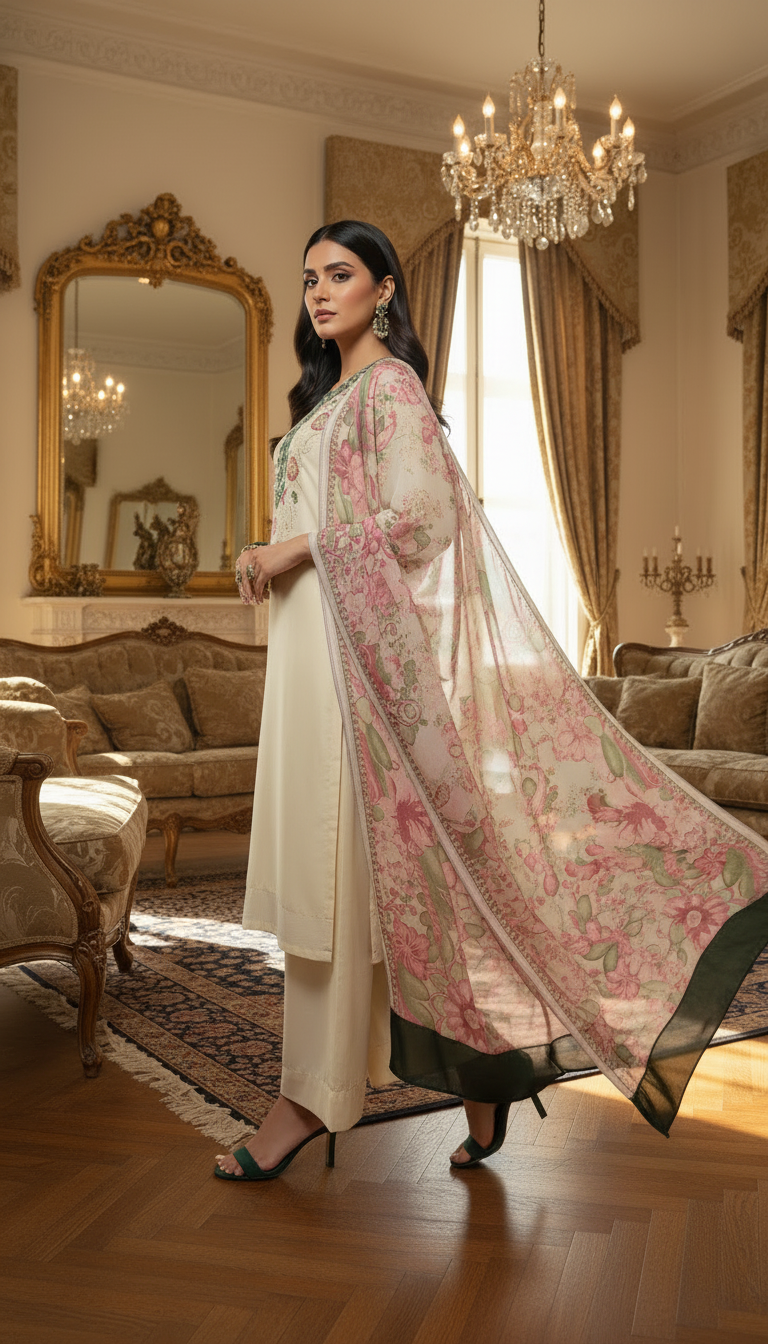 Salwa beige Embroidered 3 Pcs Dress with Chiffon dopatta