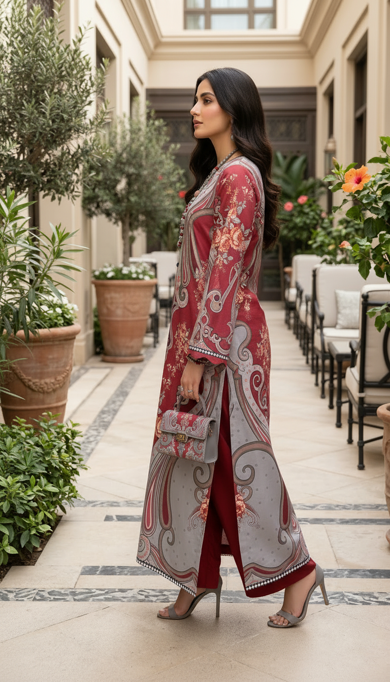 Grey Red Ready to Wear 2 Pcs Linen Kaftan