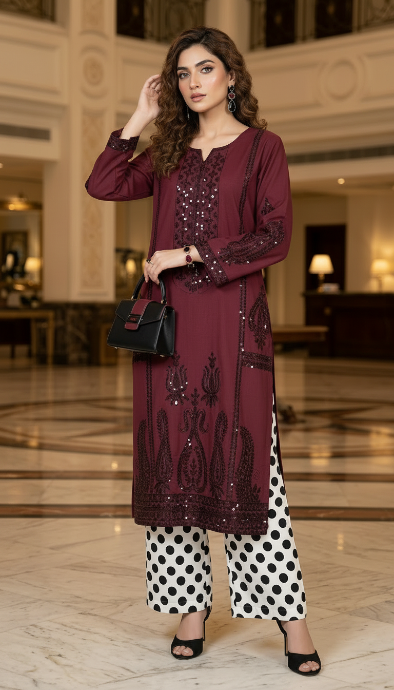 Lush Maroon fully embroidered 2 Pcs Dress