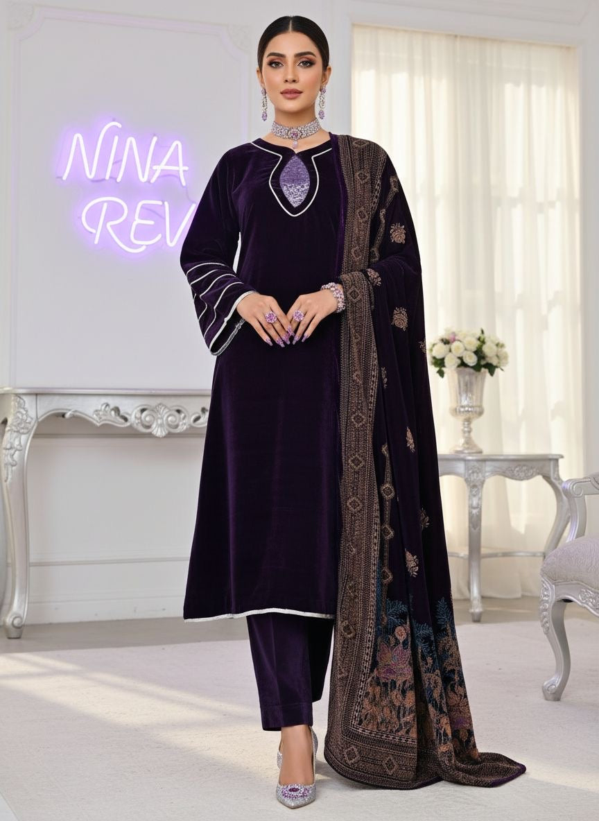 Umasha Ready to Wear Velvet 3 Pcs Dress with Block printed Shawl