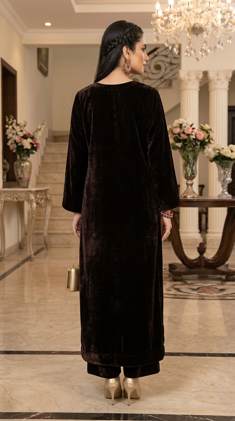 Reema Brown Velvet Fully Embroidered 2 Pcs Dress