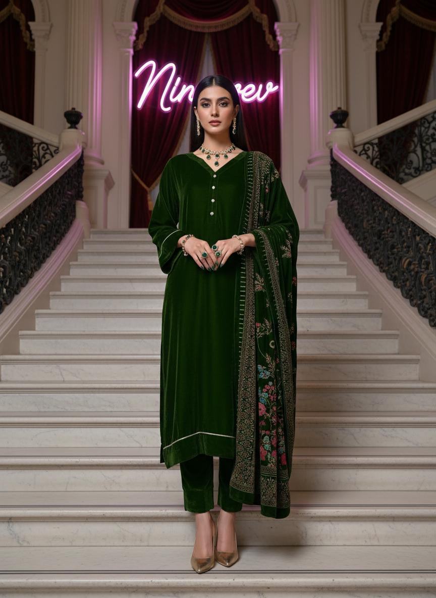 Shahkar Green Velvet Ready to Wear 3 Pcs Collection with Velvet Shawl