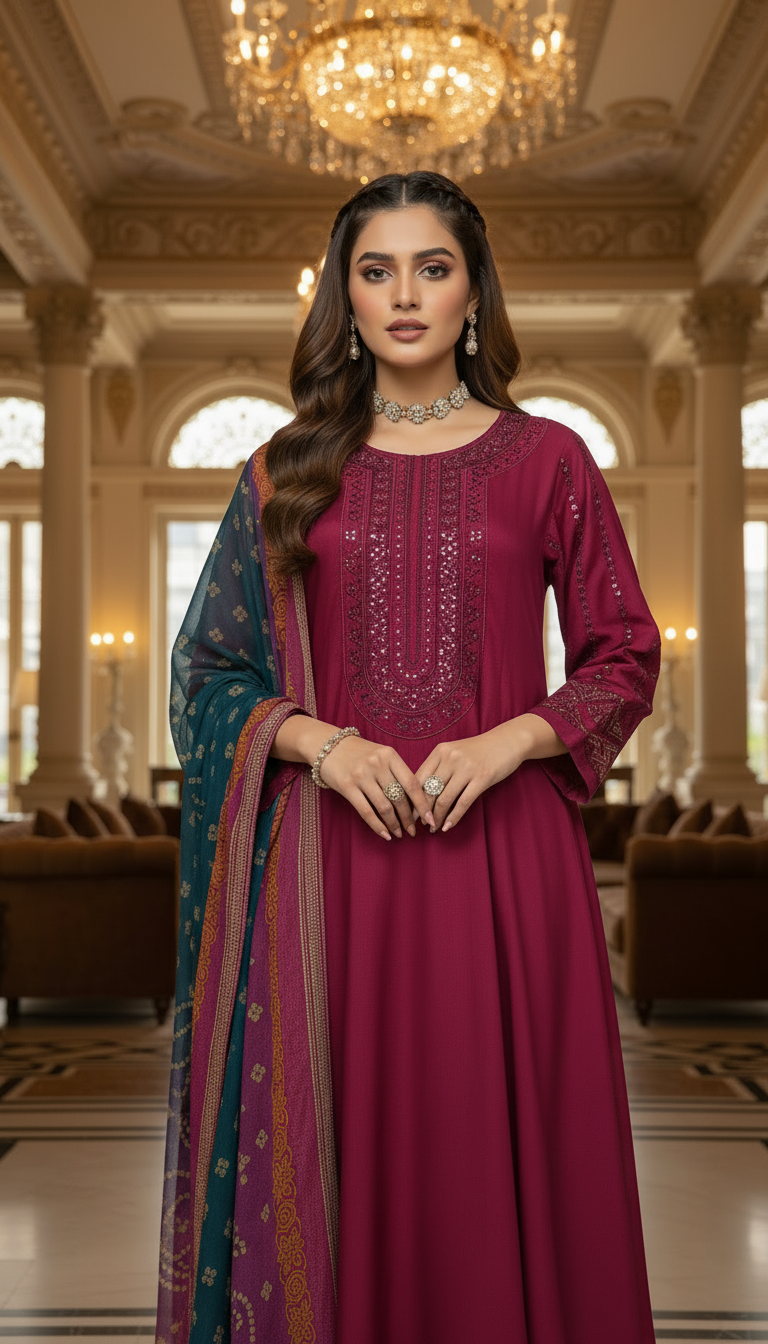 Tabeer Red Ready to Wear 3 Pcs Embroidered Dress