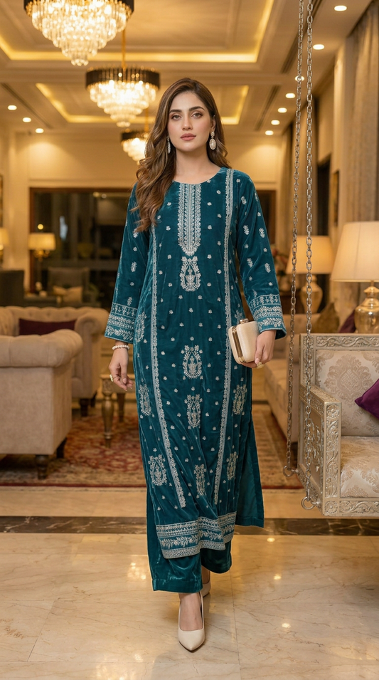 Kishwar Teal Velvet Embroidered Ready to Wear 2 PCs Dress
