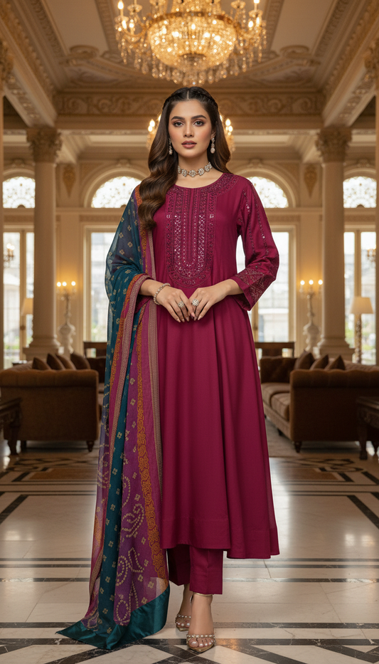 Tabeer Red Ready to Wear 3 Pcs Embroidered Dress