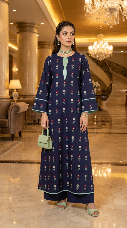 Blue Cross stitch Slub Fully Embroidered Dress