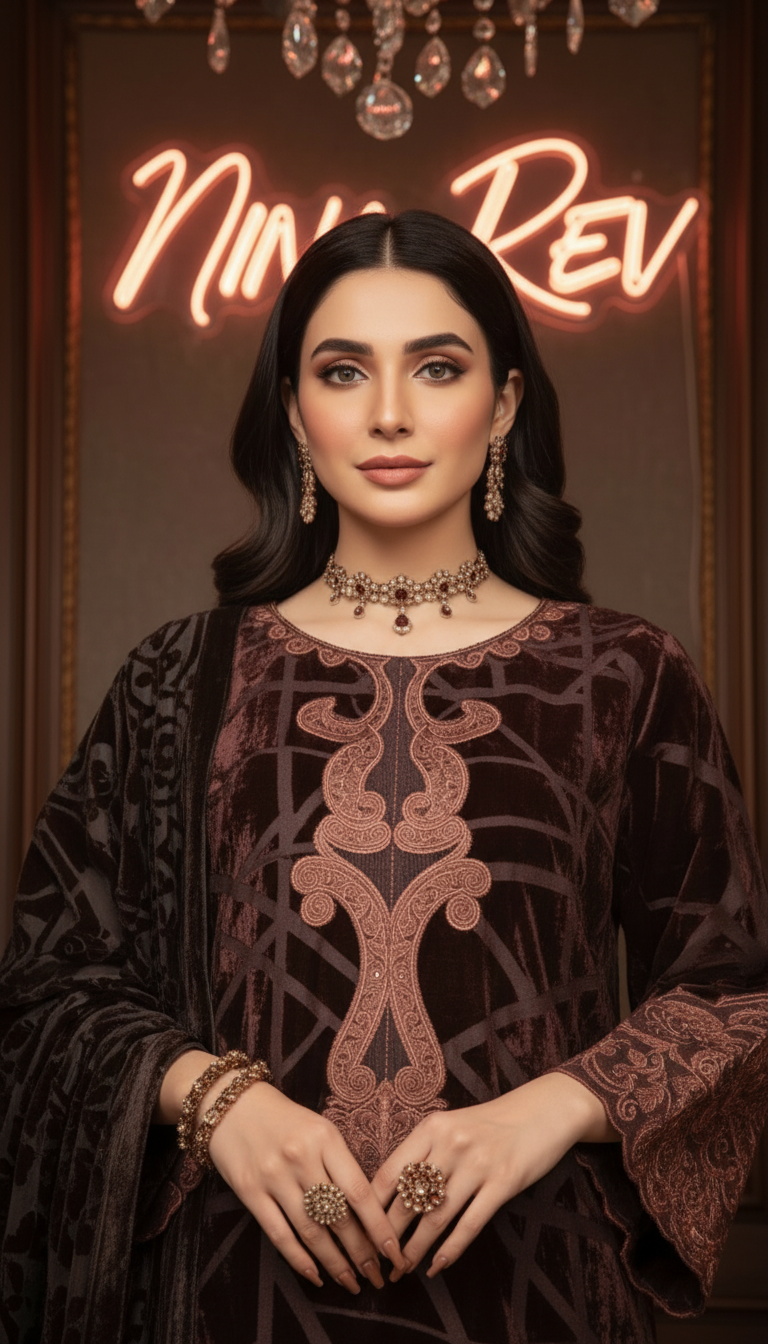 Lyra Brown French Velvet Embroidered 3 Pcs Dress with Palachi shawl