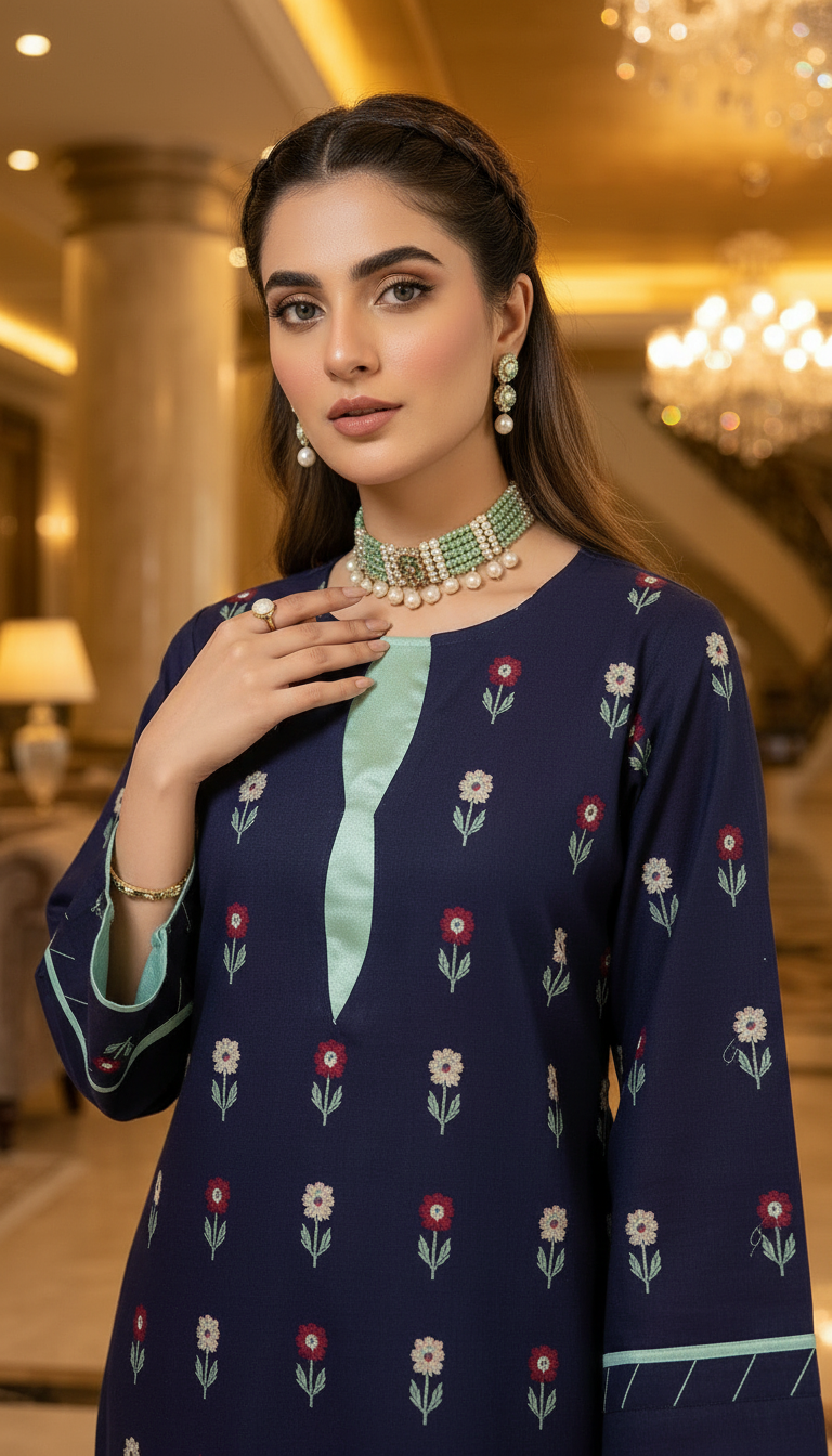 Blue Cross stitch Slub Fully Embroidered Dress