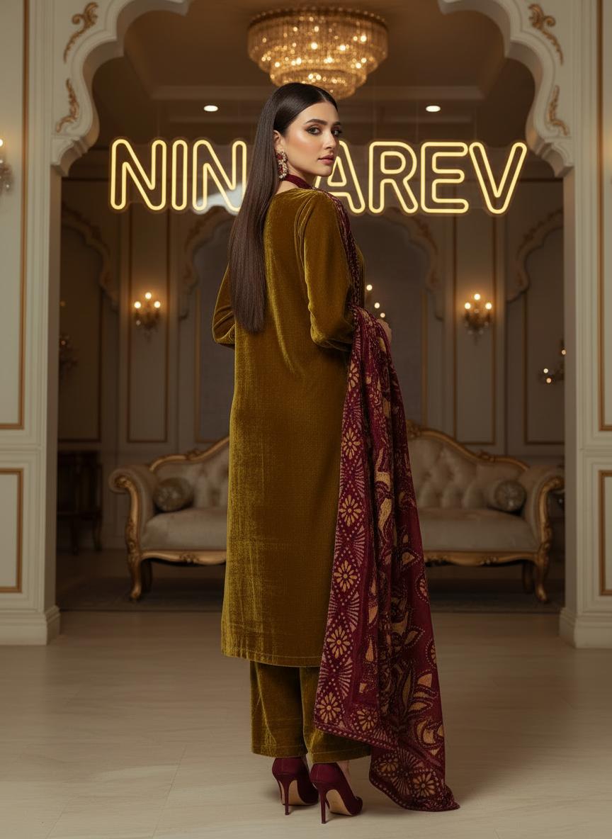 Chamki Velvet Ready to Wear 3 Pcs Dress with Palachi Shawl