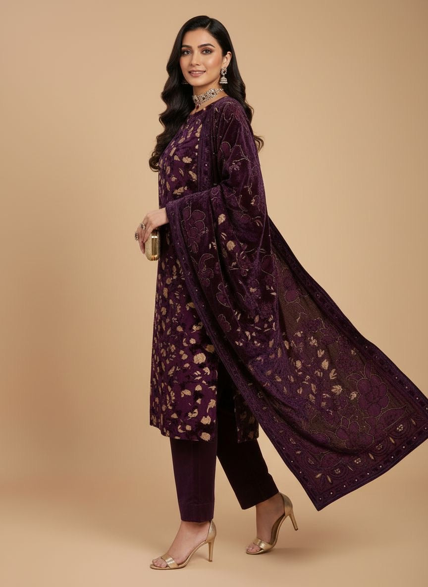 Full Purple Palachi Velvet Dress with Palachi Shawl and Velvet Trouser