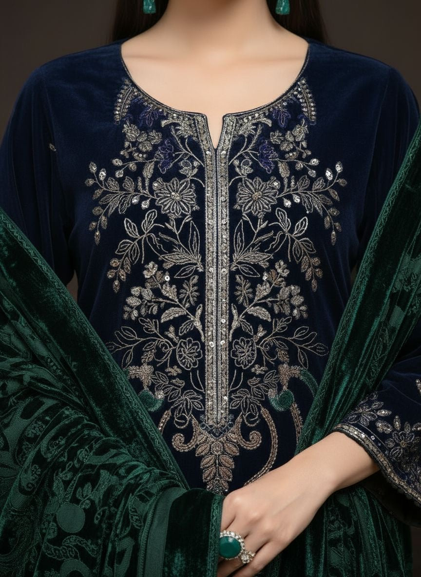 Khushbakht Velvet Ready to Wear 3 Pcs Embroidered Dress