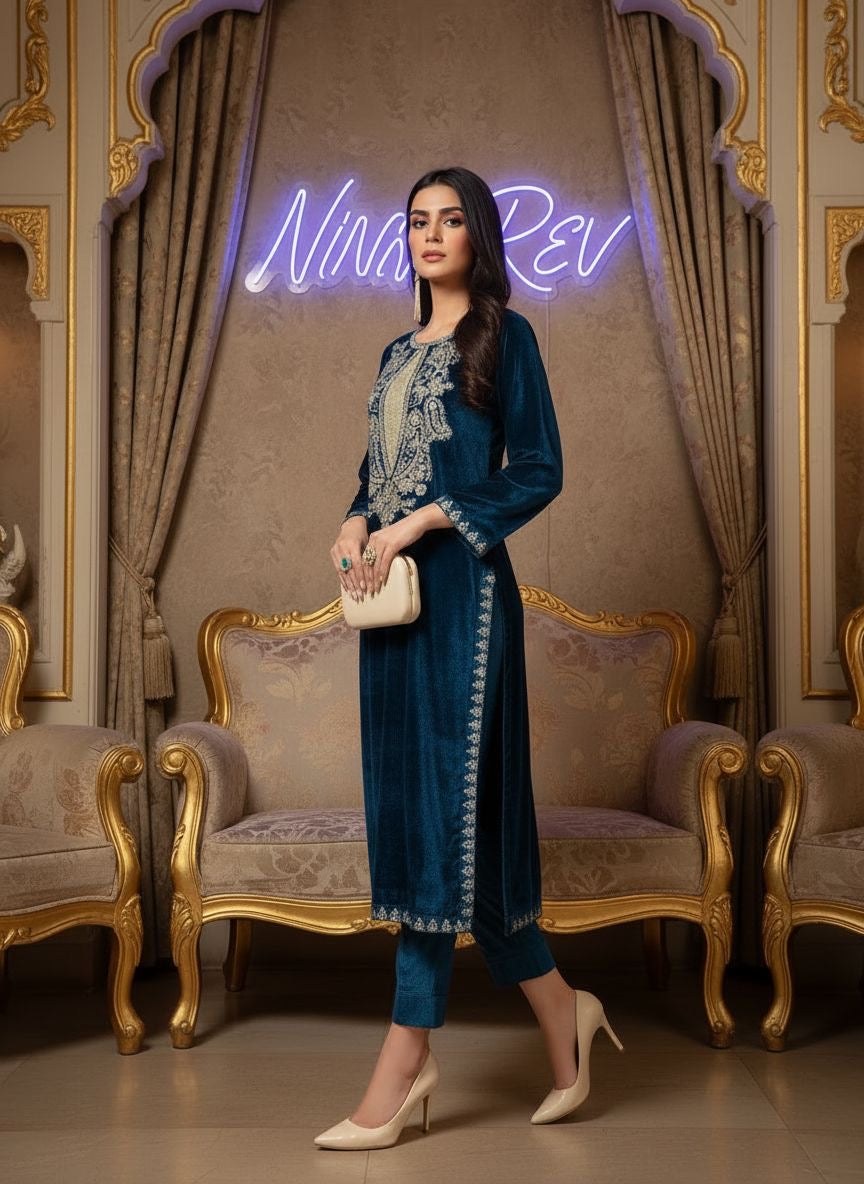 Husna Teal Velvet Ready to Wear 2 pcs Dress