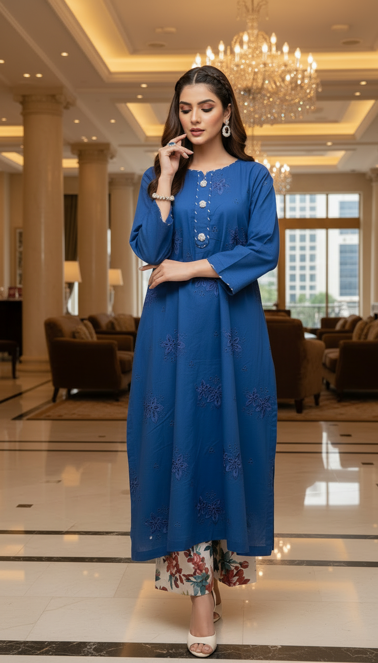 Zimir Royal Blue Chikankari Ready to Wear 2 Pcs Dress