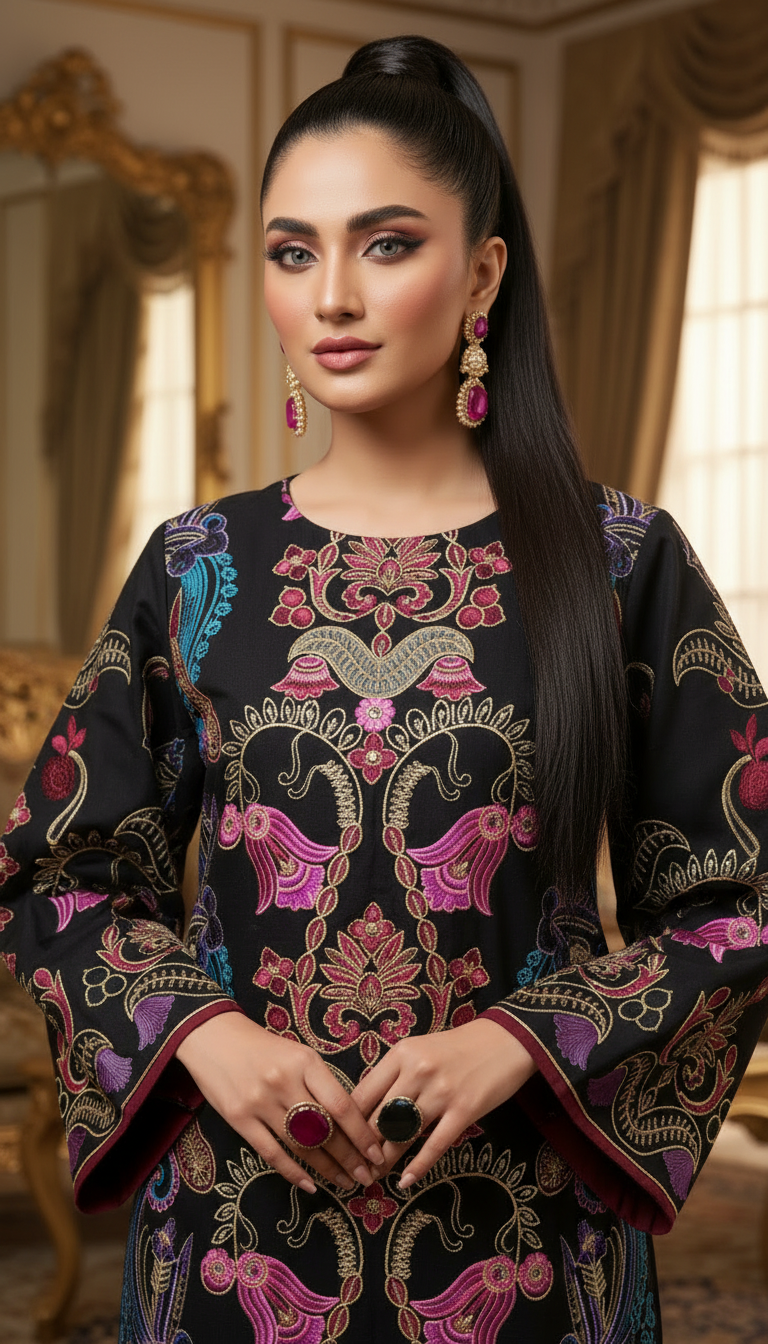 Hawa Black Fully Embroidered Kaftan Style Dress