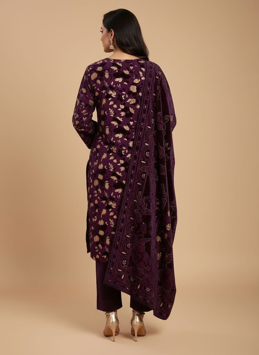Full Purple Palachi Velvet Dress with Palachi Shawl and Velvet Trouser