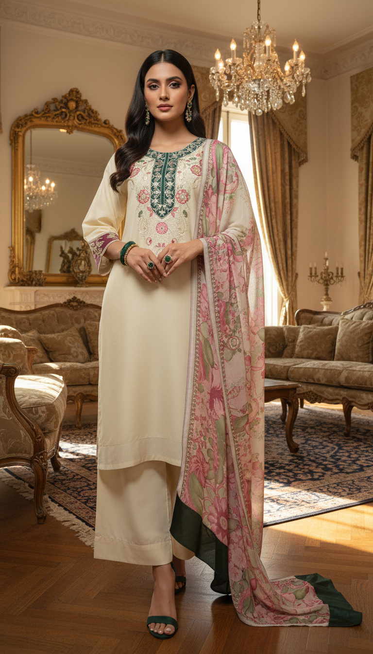Salwa beige Embroidered 3 Pcs Dress with Chiffon dopatta