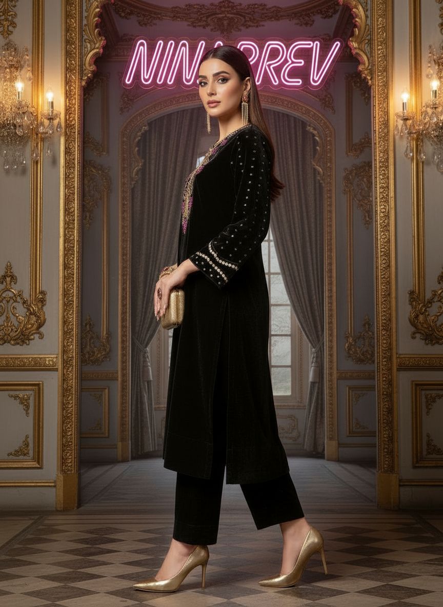 Black Galaxy Velvet Ready to Wear 2 Pcs Embroidered Dress