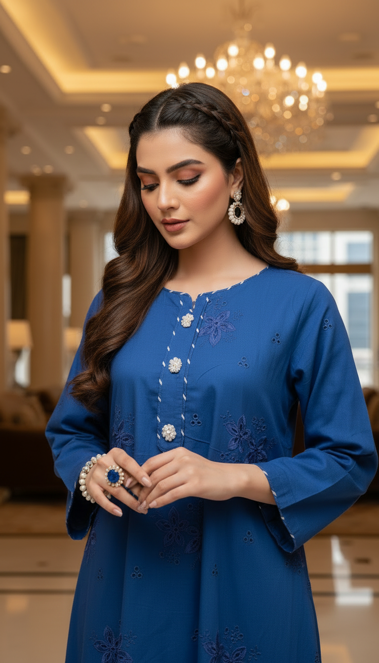 Zimir Royal Blue Chikankari Ready to Wear 2 Pcs Dress