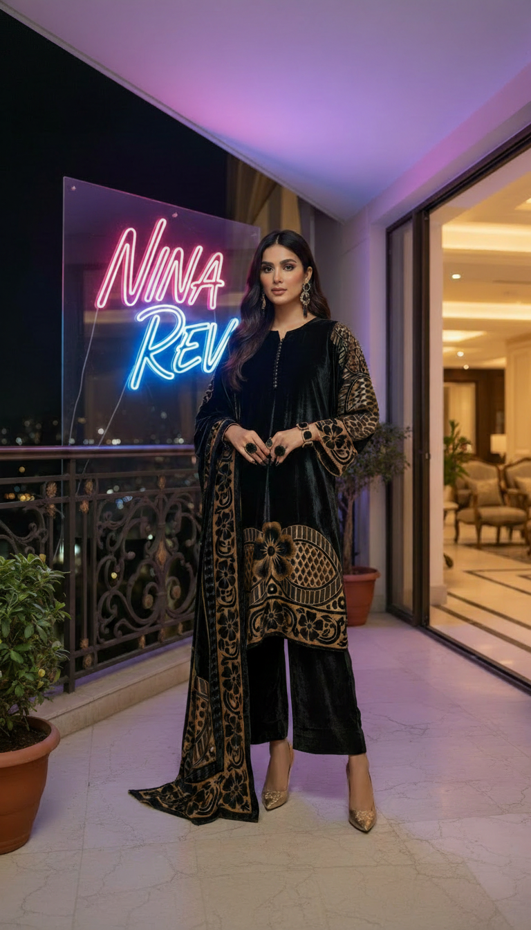 Tia French Velvet Black Dress with Palachi Shawl