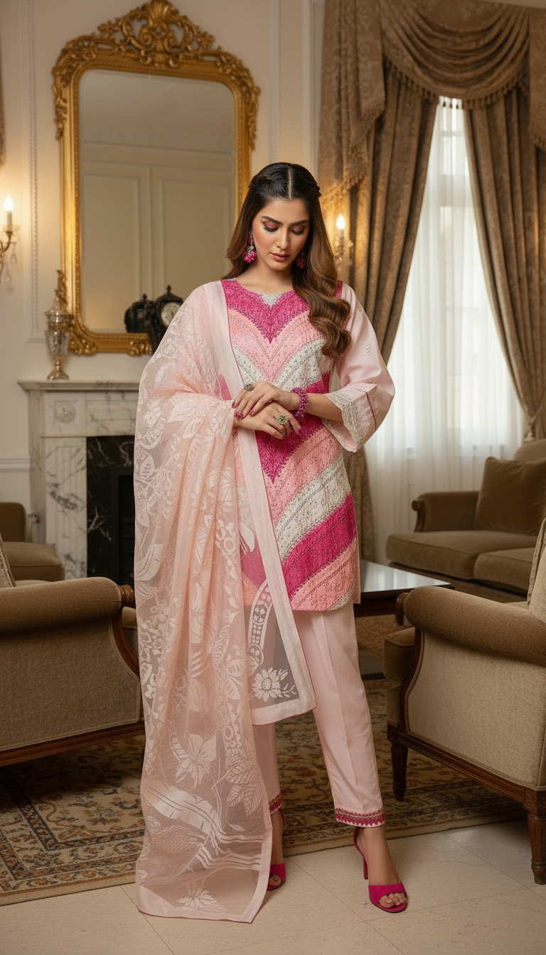 Rhea Pink Full chikankari Embroidered Dress with Jacquard dopatta