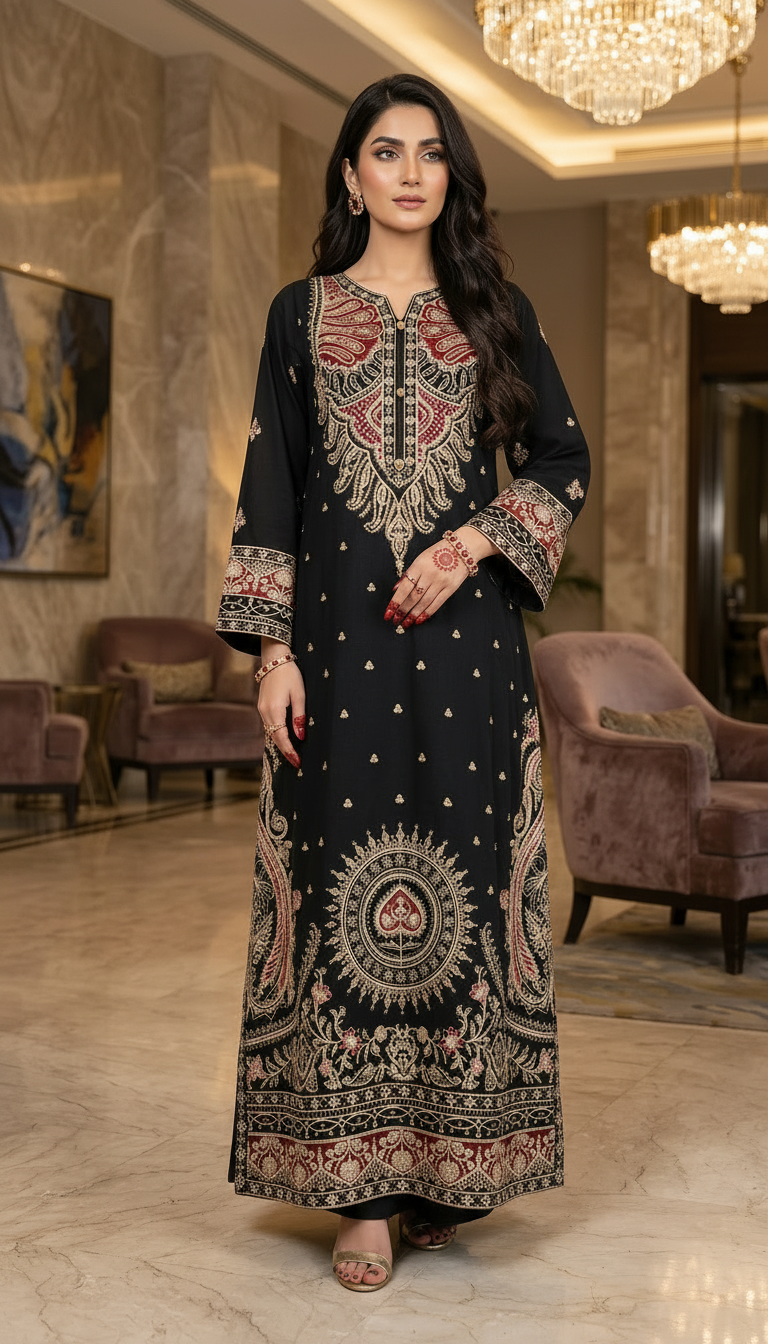 Mahrani Black Ready to Wear 2 Pcs Embroidered Kaftan