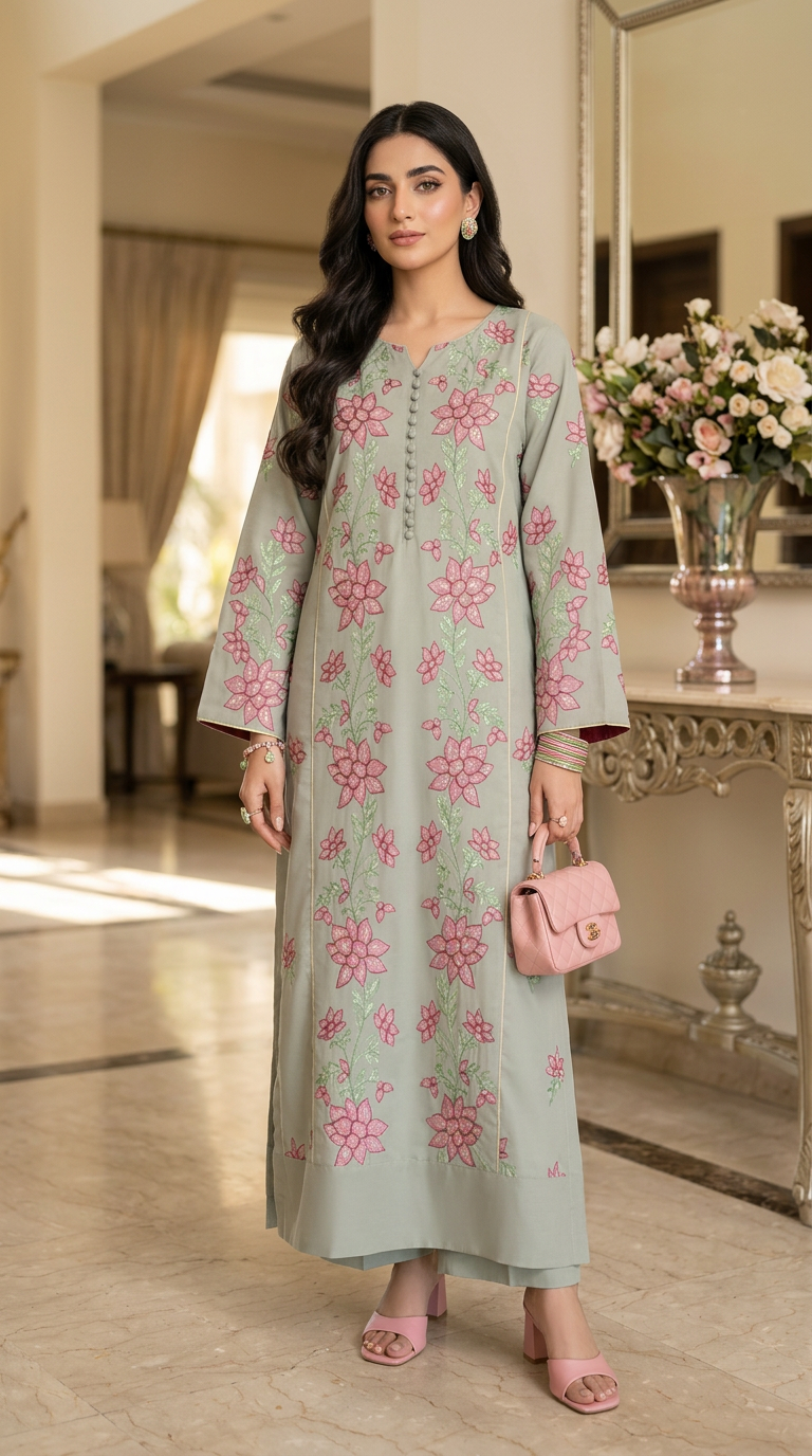 Akasha Flower Embroidered 2 Pcs Kaftan Dress