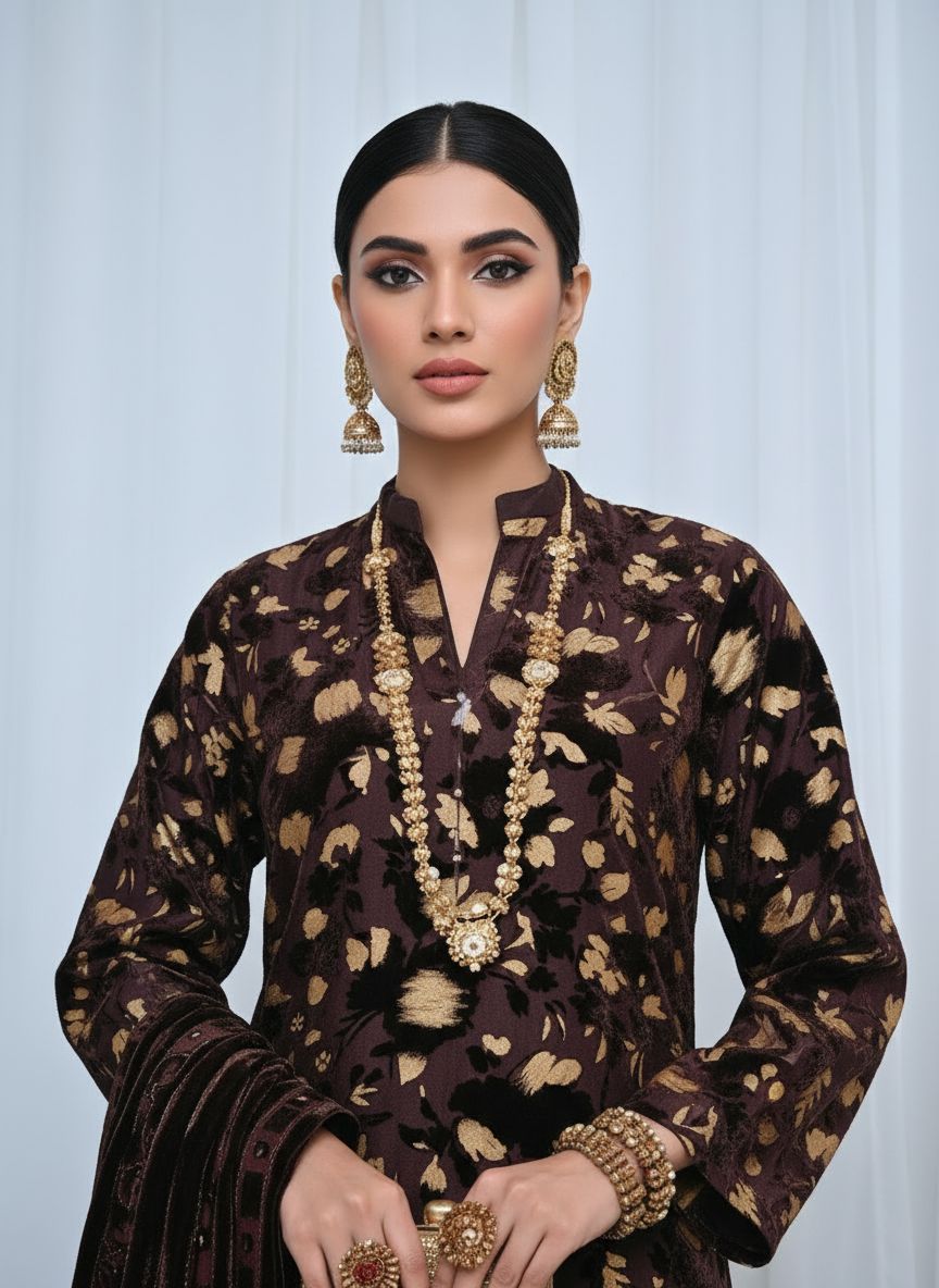 Full Brown Palachi Velvet Dress with Palachi Shawl and Velvet Trouser