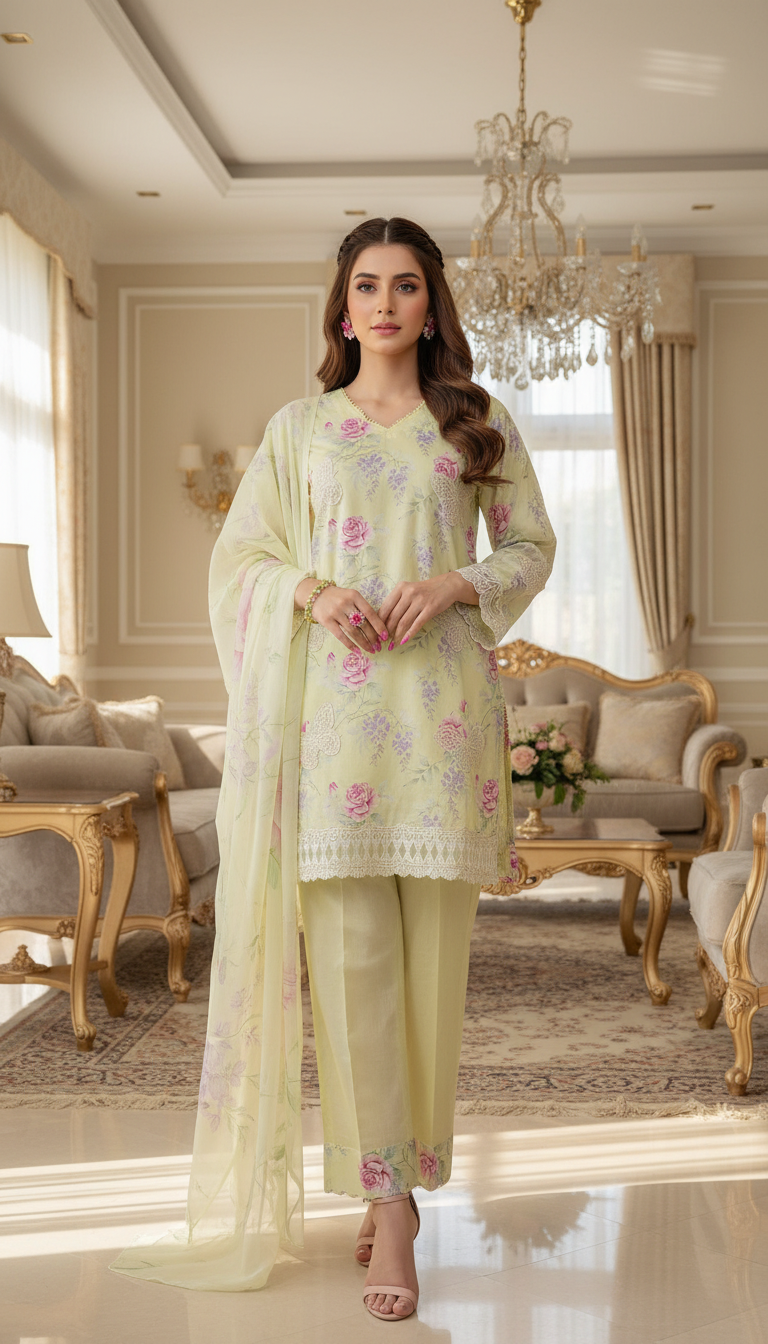 Gulzar Pale Ready to Wear 3 Pcs Embroidered Dress with Chiffon dopatta